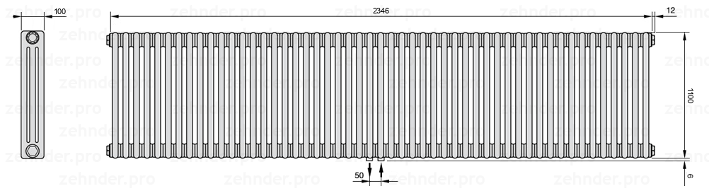 Схема (чертеж) Радиатор Zehnder Charleston 3110/51 №5410 Белый глянцевый RAL 9016